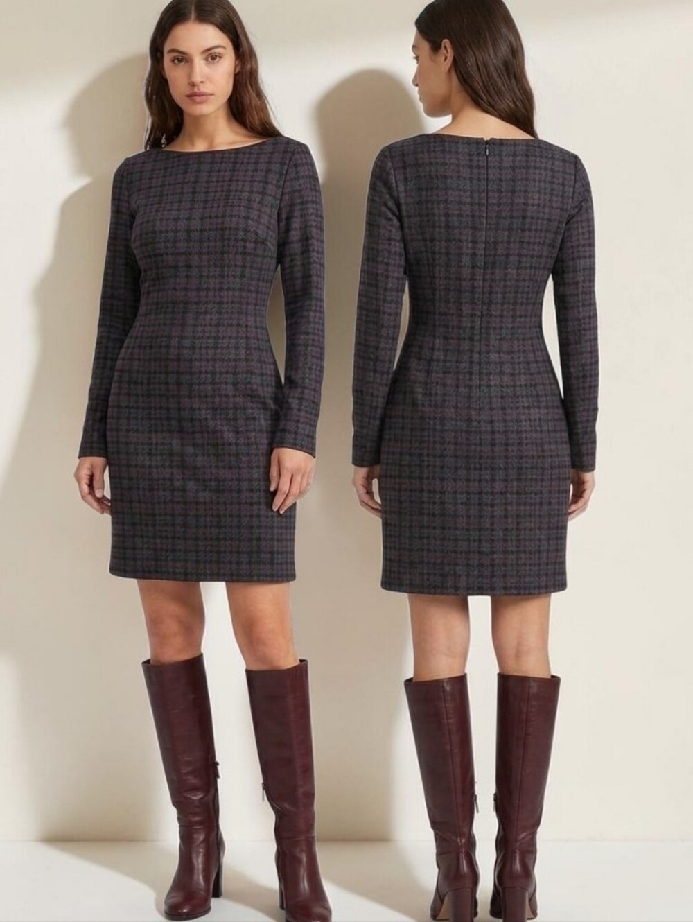 THEORY Kamillina Houndstooth Long Sleeved Sheath Dress - Size M
